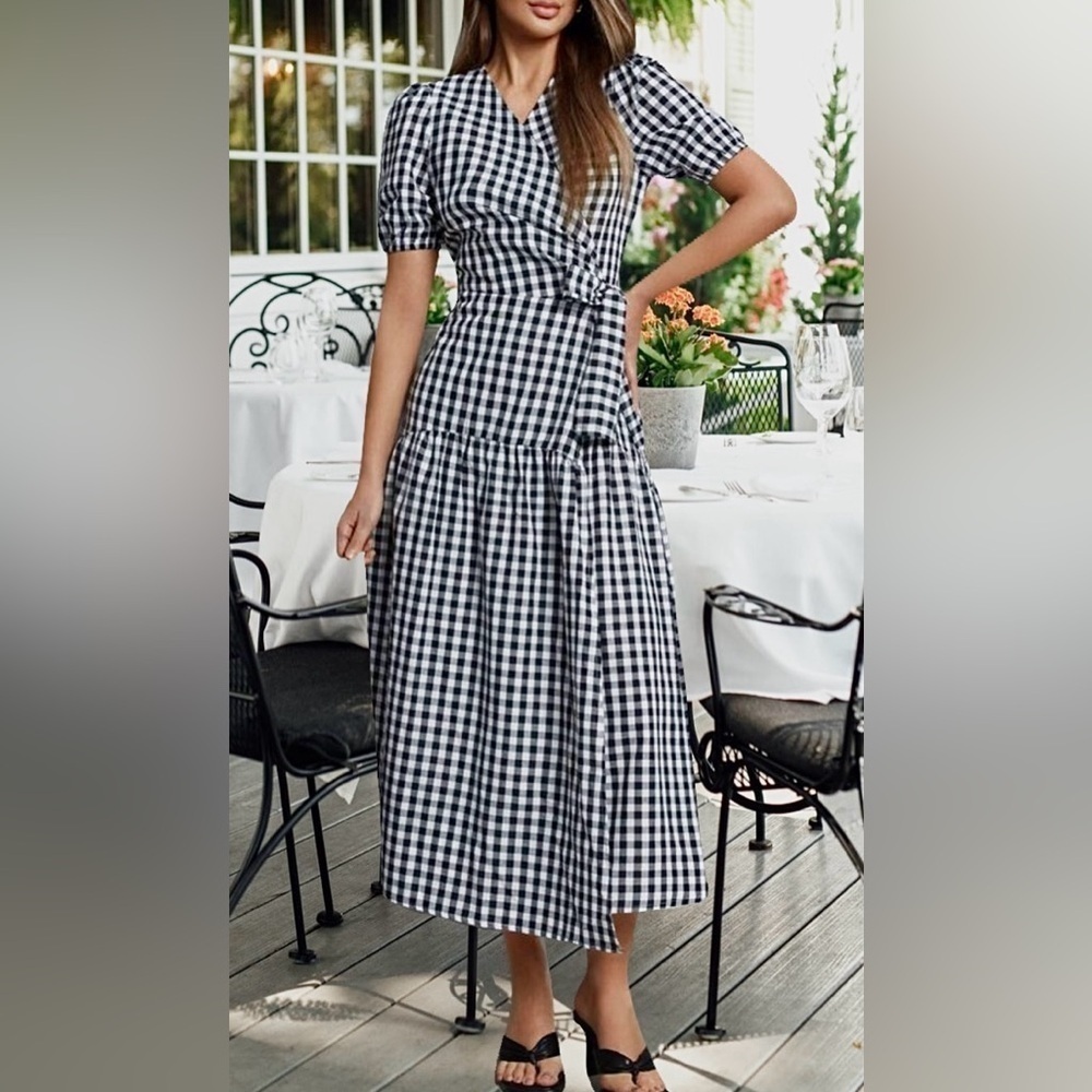 Black And White Plaid Printed Puff Sleeve Wrap Maxi Dress